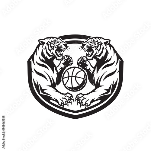 Two tigers aggressively hold a basketball in a shield logo for a sports team or event.