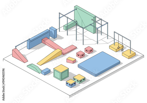 Isometric illustration of a colorful indoor parkour gym with obstacles and training equipment