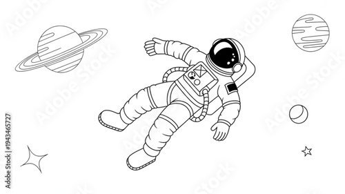 Astronaut floating in space on a black and white coloring page with planets and stars