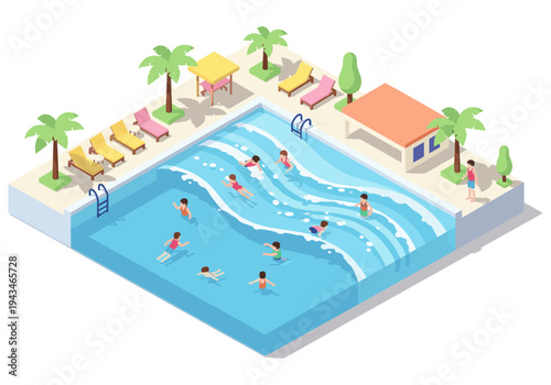 Isometric view of people enjoying a wave pool with palm trees and lounge chairs