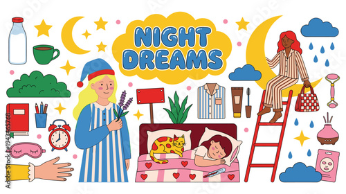 Night dreams collection of sleep related elements and activities for restful slumber