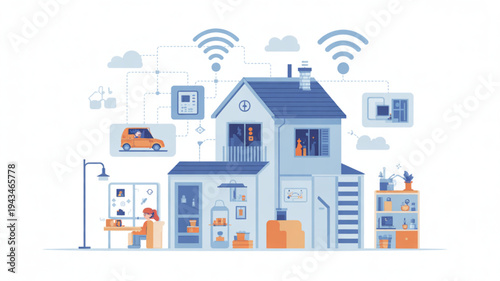 Illustrated Scene of a Connected Smart House with Wi‑Fi Symbols, Garage, Bookshelf, and Modern Technology Home Icons
