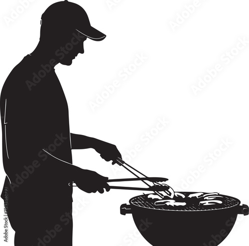 Man cooking on a charcoal grill silhouette, father preparing barbecue food with tongs outdoor