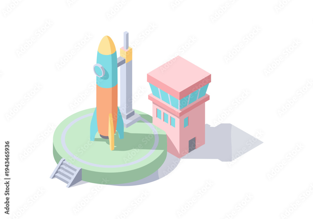 Obraz premium Isometric rocket on launchpad next to control tower, ready for space exploration