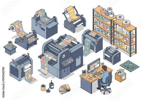 Isometric illustration of a printing workshop with various machines and supplies