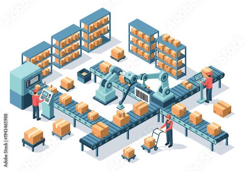 Automated warehouse and factory production line with robotic arm and conveyor belts