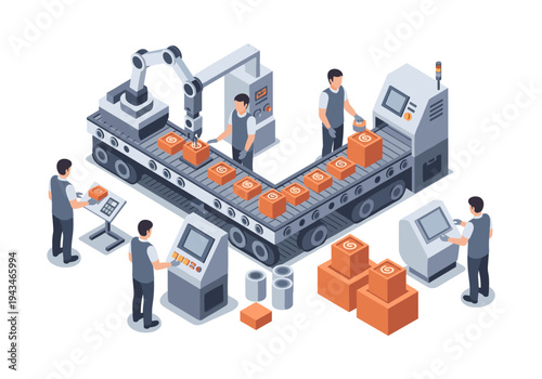 Automated production line with robotic arm and workers operating machinery in a factory