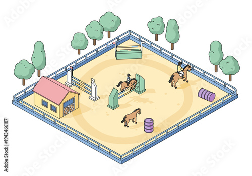 Isometric equestrian arena with horses, riders, jumps, and a stable building