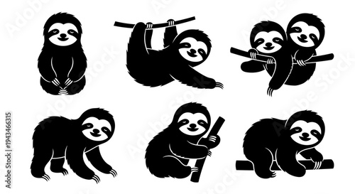 Cute Sloth Silhouettes Collection: Various Poses and Actions