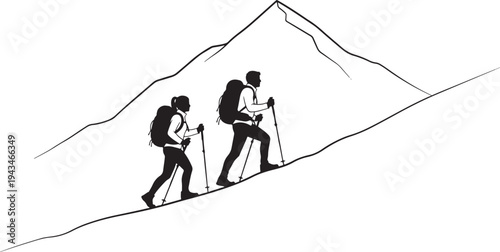 Silhouette Illustration of a Couple with Backpacks and Trekking Poles Climbing a Steep Mountain Slope