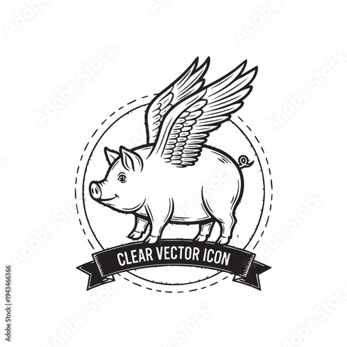 A flying pig stands proudly in a circular vintage label with a banner underneath.
