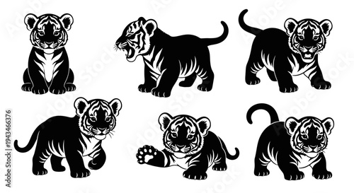 Cute Tiger Cubs Set: Adorable Baby Tigers in Various Poses, Black and White Vector Illustrations