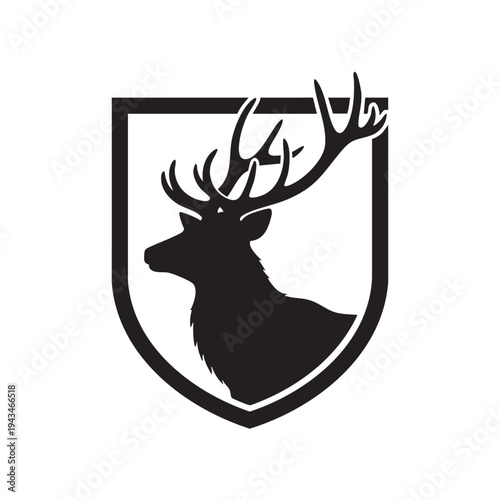 A black silhouette of a deer with antlers in a shield logo for 1.