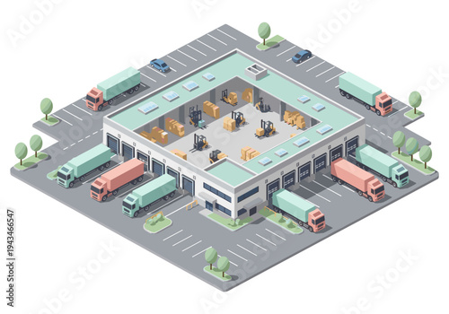 Isometric warehouse complex with trucks and forklifts loading and unloading cargo