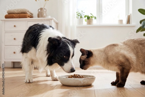 Professional photo of a Border Collie and Siamese cat sitting by a bowl