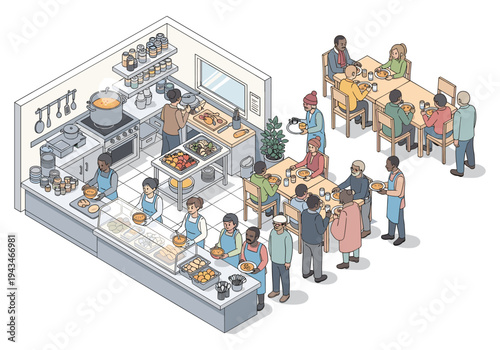 Isometric illustration of a busy cafeteria serving food to diverse people at tables