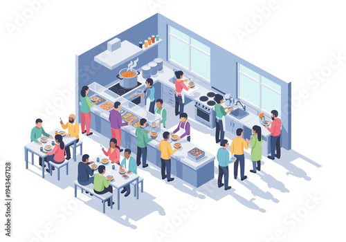 Isometric view of a busy cafeteria serving line with people getting food and eating at tables