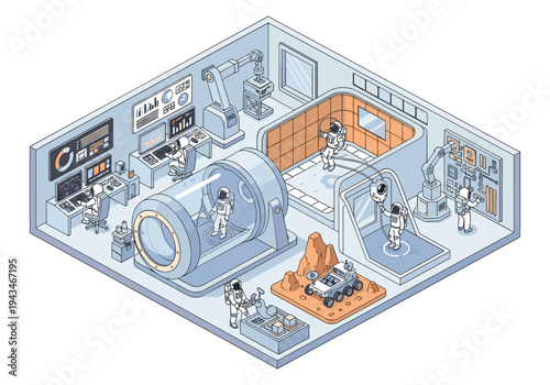 Astronauts conduct research and experiments inside a futuristic space station laboratory