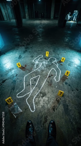 Crime scene investigation with a chalk outline and evidence markers, capturing a tense atmosphere of mystery and suspense.