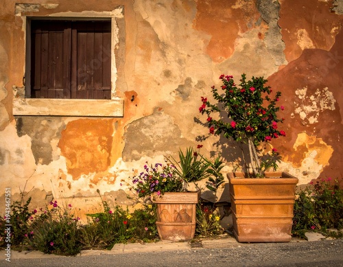 Weathered facade Brown shutters, potted flowering plants line wall with flaking orange, beige, and brown paint