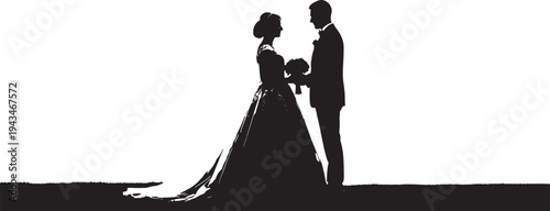 Elegant Silhouette of a Bride and Groom Facing Each Other on Their Wedding Day, Romantic Marriage and Love Concept