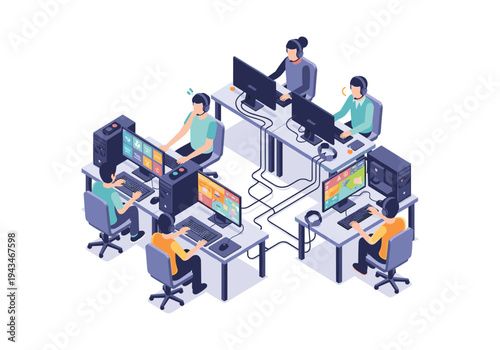 Isometric illustration of people working in a modern office with computers and headsets