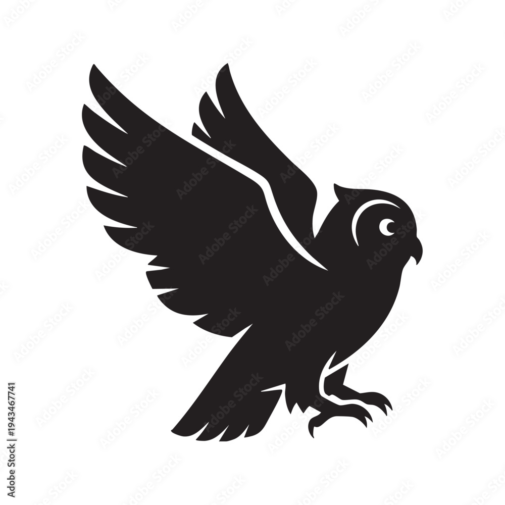 Fototapeta premium An owl spreads its wings in a minimalist logo design on a white background.
