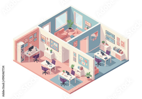 Isometric view of a modern office space with multiple workstations and a lounge area