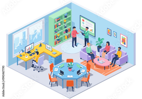 Modern isometric office space with people collaborating and working individually