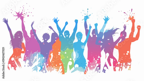 Colorful group of people celebrating with raised hands in unity