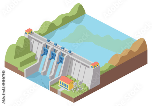 Isometric hydroelectric dam with flowing water and power generation infrastructure