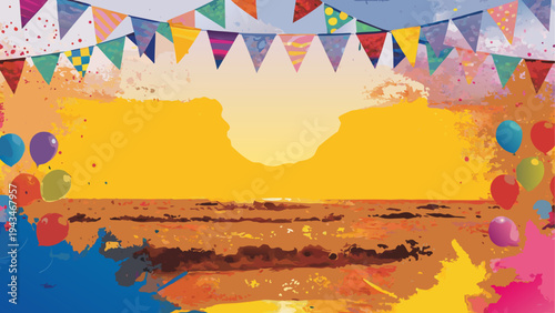 Colorful cake decorated with tropical fruits and vibrant icing under party bunting