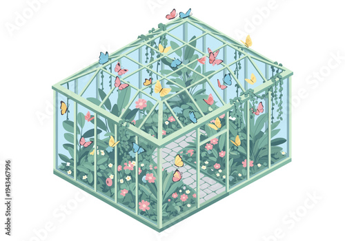 Charming greenhouse filled with lush plants and colorful butterflies in a serene isometric view