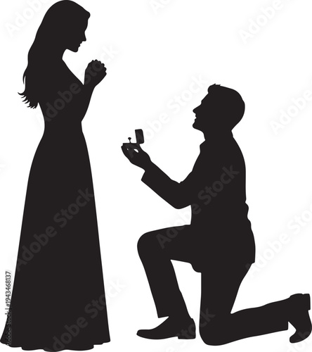 Man proposing marriage with diamond ring to surprised woman, silhouette of romantic proposal, kneeling down, asking for hand, vector illustration