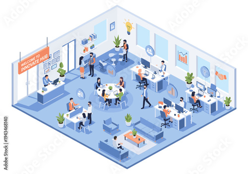 Modern open-plan office space with diverse employees collaborating and working on computers