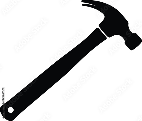 Minimal vector silhouette, carpenter hammer side view with claw, solid black, isolated on white background.