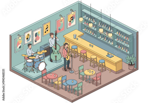 Isometric jazz band performing live music in a cozy bar with drinks and seating