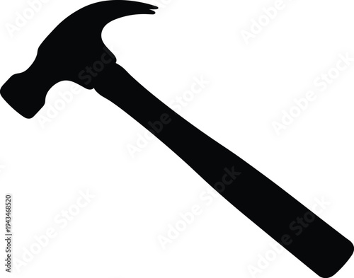 Minimal vector silhouette, carpenter hammer side view with claw, solid black, isolated on white background.