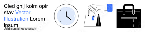 Time management, business, retail, shopping habits, modern commerce, productivity. Clock, shopping bag and briefcase together. Time management and business ideas explored