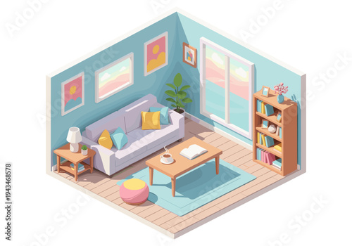 Cozy isometric living room with sofa, coffee table, and bookshelf bathed in soft light