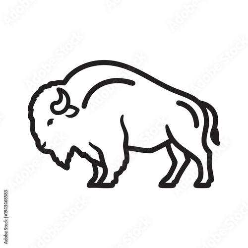 A black line drawing of a bison standing in profile view outdoors