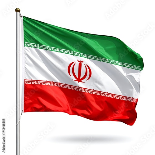 Waving flag with horizontal green, white, and red stripes, adorned with stylized text and a central emblem