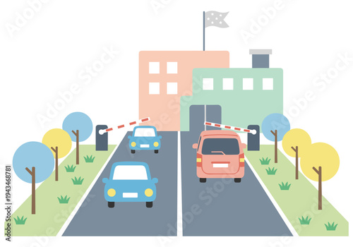 Cars approaching a modern building with automated security barriers and trees