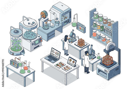 Modern laboratory with scientists conducting research in biotechnology and food science