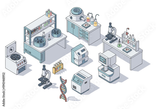 Isometric laboratory equipment and DNA helix illustration for scientific research and discovery