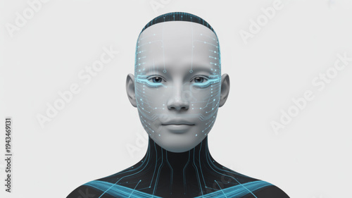 A futuristic illustration of a robotic woman with circuit lines on her face and body