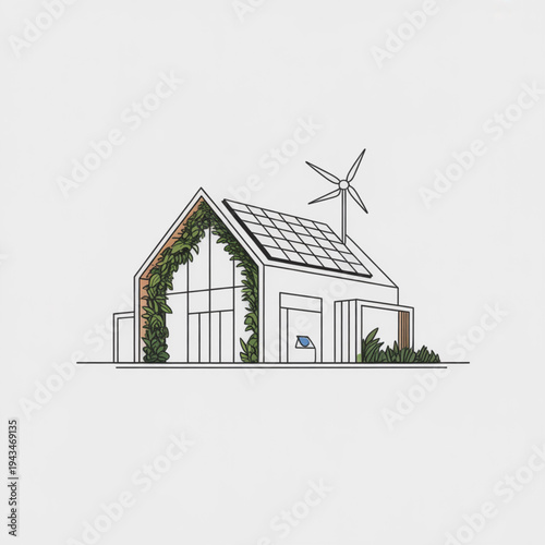 A futuristic house with solar panels and a wind turbine generates clean energy in a sustainable eco-friendly environment with artificial intelligence and robotic systems.