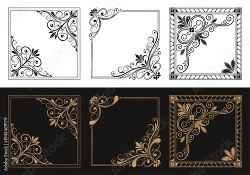 Elegant ornate corner designs in contrasting monochrome and colored versions