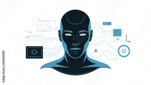 A futuristic illustration of a human head surrounded by various technological devices and circuit boards in a monochrome design.