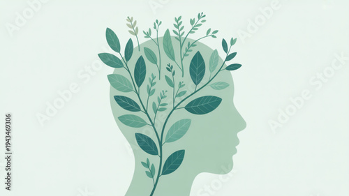 A person's head with green leaves growing out of it, symbolizing growth